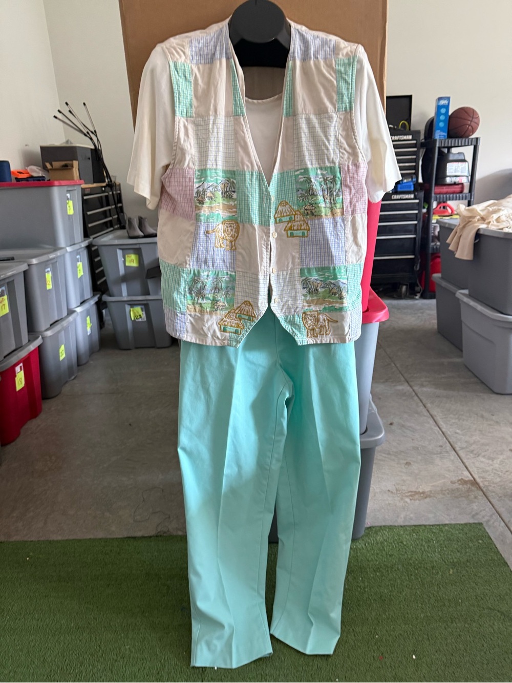 Light Aqua Cotton Pants with White Patchwork Vest - Brand:95